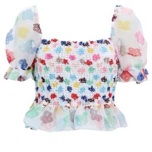 Staud Cannon Puff-Sleeve Cropped Top in Rainbow Bloom White